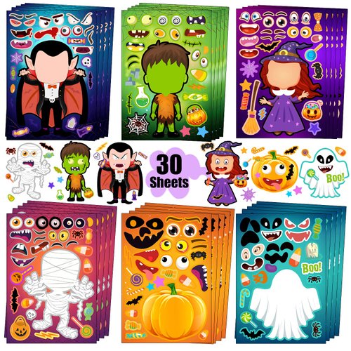 Halloween Stickers, Halloween Stickers for Kids, 30 Packs Halloween Make a Face Sticker Sheets, Halloween Crafts Party Favors for Kids, Halloween Games for Kids Party