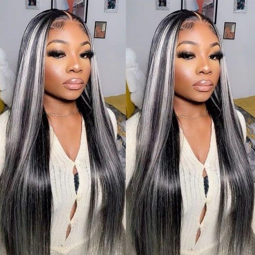 MACA BAKA Skunk Stripe Blonde Highlight Red Synthetic Lace Front Wig Glueless Long Straight Mixed Red Black Colored 13x4 Lace Front Wigs for Women Pre Plucked with Baby Hair 24 Inches
