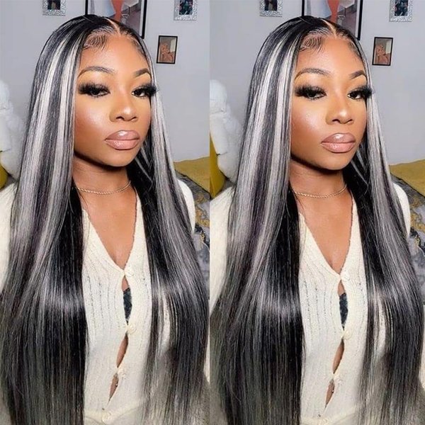 MACA BAKA Skunk Stripe Blonde Highlight Red Synthetic Lace Front Wig Glueless Long Straight Mixed Red Black Colored 13x4 Lace Front Wigs for Women Pre Plucked with Baby Hair 24 Inches