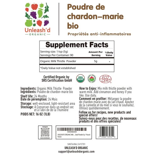 Unleash’d Organic Milk Thistle Powder 16oz – 100% Pure, Rich in Silymarin & Antioxidants, Supports Liver and Immune Health