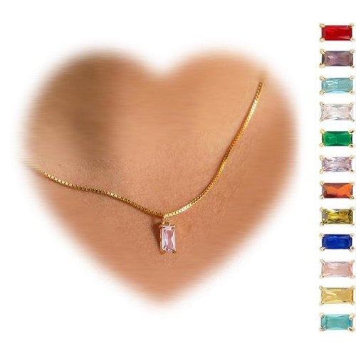 2024 Stainless Alloy Dainty Trendy 18K Gold Plated Teen Girls Mothers Birthday Gifts12 month rhinestone birthstone necklace Rectangular Pendants Necklace Jewelry For Women (06. June Alexandrite - Health)