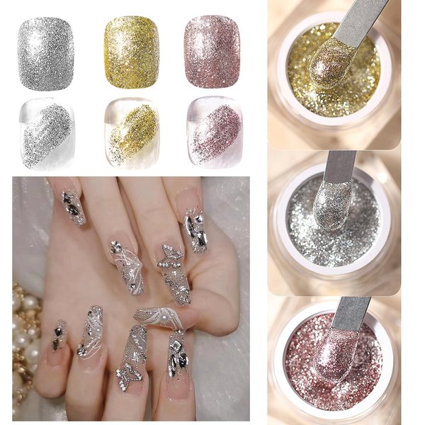 Gorvalin 3 Boxes Glitter Gel Nail Polish, 3D Gold Silver Rose Gold Nail Art Painted Liner Gel Nail Polish Holographic Chrome Sparkle Glitter Nail Polish for Salon Home Nail Art DIY
