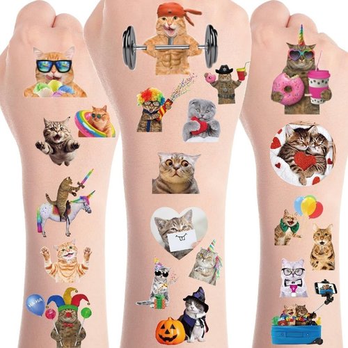 8 Sheets Cat Temporary Tattoos - Cute Cat Fake Tattoo Stickers Cat Themed Birthday Decorations Party Supplies Waterproof Animal Cat Tattoo Sticker Gifts for Kids Boys Girls