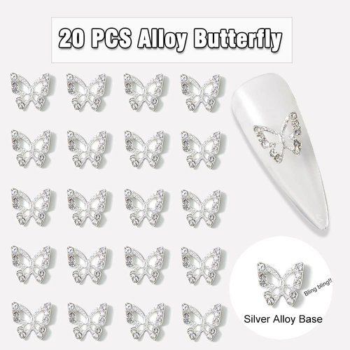 20Pcs Butterfly Nail Charms - 3D Nail Charms Y2K Silver Alloy Nail Rhinestones for Acrylic Nails Shiny Nail Crystals Nail Gems Nail Jewels for Nail Art DIY Nail Decorations (Silver Butterfly)