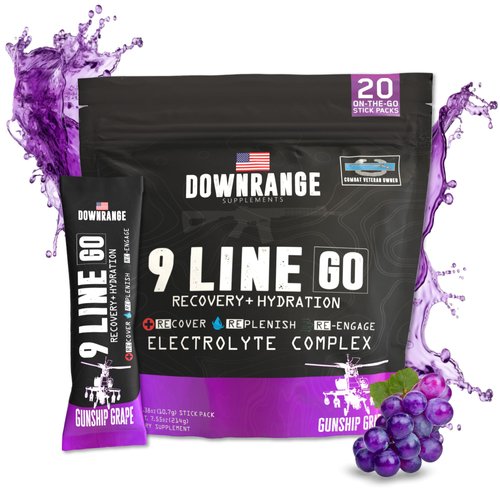 DownRange 9 Line Go Recovery + Hydration Powder Packets, Electrolytes, Amino Acids & Coconut Water Powder for Muscle Recovery, Energy, Rehydration, 20 Sticks (Grape)