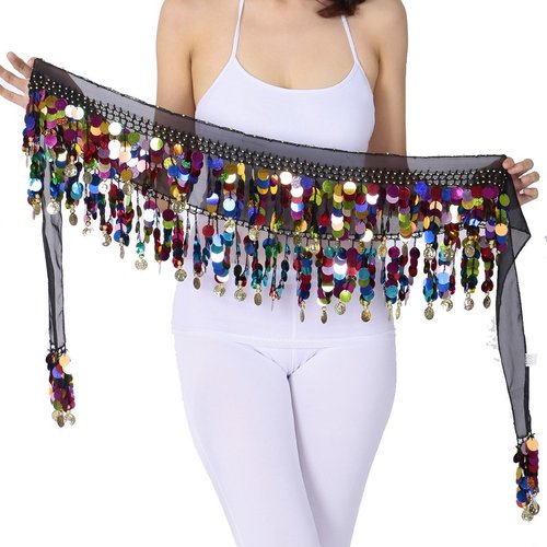 ZLTdream Belly Dance Color Sequin Film Gong Hip Scarf Skirt With Gold Coins For Women Belly Dancer Costume Chiffon Black