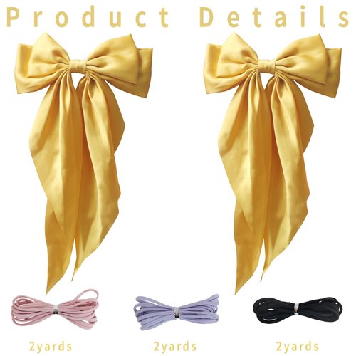 PQZKLDP 2PCS Silky Satin Hair Bows Big Versatile Hair Bows Cute Clips for Girls & Women Yellow Hair Bow Ribbons Oversized Long Tail Metal Clips Bowknot Aesthetic Hair Accessories (PD 213)