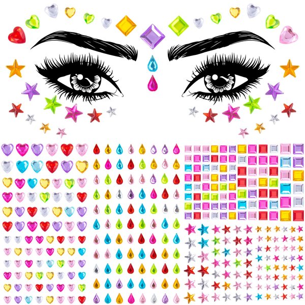 Mxxipp 352pcs Face Gems Jewels, Self Adhesive Rhinestones Stickers, Face Gem Decals Tattoos Rainbow Body Face Eye Hair Gems Stickers for Christmas Halloween Rave Party Carnival Music Festival