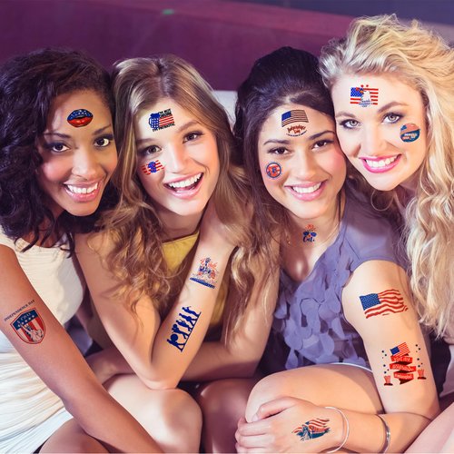 100PCS 4th of July Temporary Tattoos, Fourth of July Patriotic Tattoo, America Flag Red White and Blue Face Tattoo Stickers, Party in the USA Memorial Independence Labor Day Makeup Accessories