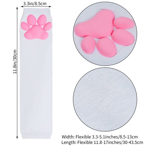 Nydotd Cat Paw Pad Mittens Gloves Kawaii Pink 3D Claw Fingerless Cute Cat Cosplay Gloves Sleeve for Girls Halloween Party (White, Long)