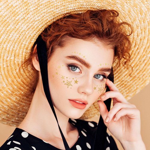 VIWIEU Glitter Face Tattoos Temporary for Women and Girls 10 Sheets, Metallic Gold Eye Makeup Star Freckle Stickers for Fairy, Princess, Halloween Costume, Christmas, NYE Festival Party Favors