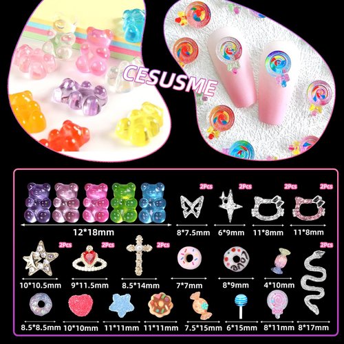 3D Mix Nail Charms Kit, Lollipop Nail Art Charms, Color Cute Gummy Bear Donut Star Heart Acrylic Nail Charm, Alloy Cross Star Butterfly Snake Crown Nail Gems Rhinestones Charms DIY Crafts Decor