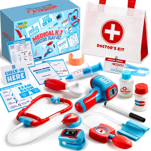 Play-Act Kids Doctor Kit,16-Piece Pretend Play Medical Kit with Bag, Doctor Role Play Set, Realistic Medical Toy, Reusable Record Cards, Dress Up Doctor Playset for Toddlers Ages 3+