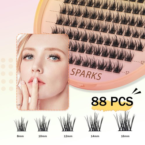 Mayhug Lash Clusters 88 Pcs Cluster Eyelash Extensions Anime Lashes D Curl False Eyelashes Fluffy Lashes Wispy DIY Lash Extensions at Home (Sparky,Mix8-16mm)