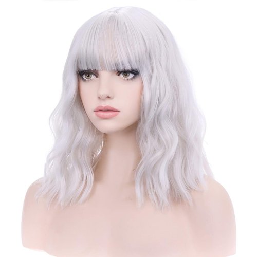 BERON 14 Inches Silver Wig Short Curly Wig Women Girl's Synthetic Wig Silver White Wig with Bangs Wig Cap Included