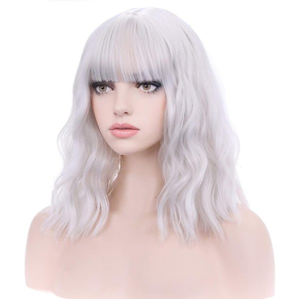 BERON 14 Inches Silver Wig Short Curly Wig Women Girl's Synthetic Wig Silver White Wig with Bangs Wig Cap Included