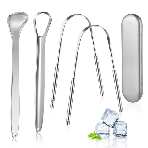 MORGLES Tongue Scraper, 4Pcs Tongue Cleaners Metal Tongue Scraper with Case for Adults Kids, Great for Oral Hygiene Reduce Bad Breath