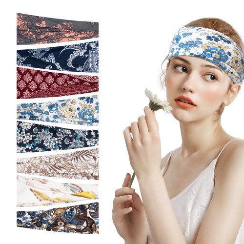 Aodse 8PCS Boho Headbands, Fashion Headbands for Women, Non-Slip Sport Yoga Running Elastic Sweat Hair Wrap