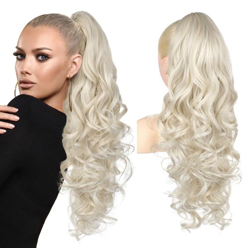REECHO Ponytail Extension, 24" Claw Clip in Ponytail Extensions Long Curly Wavy Ponytail Hair Extension Jaw Clip on Pony Tails Hairpiece for Women - Platinum Blonde