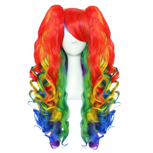 JoneTing Rainbow Ponytail Wig【+Wig Cap】Rainbow Cosplay Wig with Pigtails Curly Rainbow Wig with Double Ponytails Long Curly Multi-Red Rainbow Wigs for Halloween Christmas Party Costume Wigs for Cosers