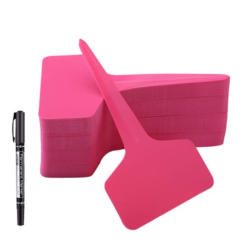 100 Pcs T-Type Plant Labels with a Gel Pen, Waterproof Nursery Plant Tags Plastic Garden Markers, Pink, 6 x 10cm