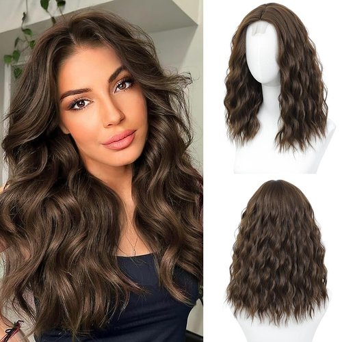 Ajsowju Golden Brown Wigs Medium Length Wavy Wigs for Women 18 Inch Middle Part curly Wigs Synthetic Heat Resistant Wig for Daily Use (Golden Brown)