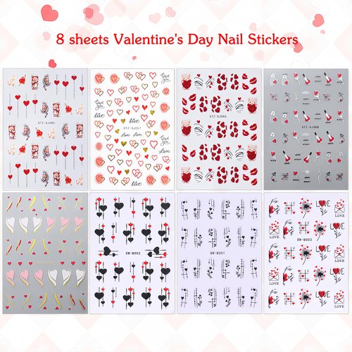 Valentine's Day Nail Art Stickers Decals 3D Embossed Red Heart Cute Little Bear with Sexy Lips Nail Decals Black Heart Design Nail Art Supplies for Women New DIY Manicure Decor 8PCS