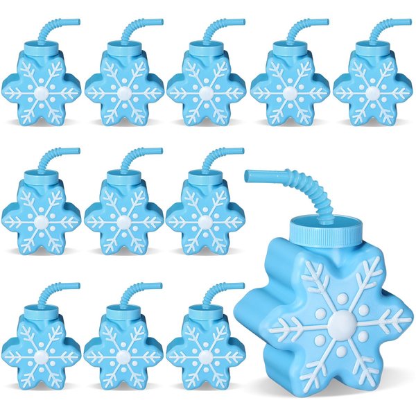 Sliner 12 Pcs Christmas Party Plastic Cups 10 oz Xmas Snowflake Cups Gift Christmas Reusable Snowflake Cups with Lids Straws for Winter Xmas Birthday Party Gifts Party Supplies