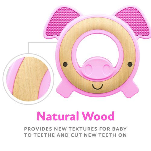 Nuby Natural Wood & Silicone Teether: Pig, 3M+, Pink