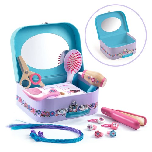 DJECO Hair Salon Toys Kit for Girls - Pretend Play Hair Stylist for Little Kids - Hairdresser Game w/ Toy Comb, Brush, Pretend Hair Straightener, Hairdryer, Scissor & Mirror for Toddlers Ages 3+