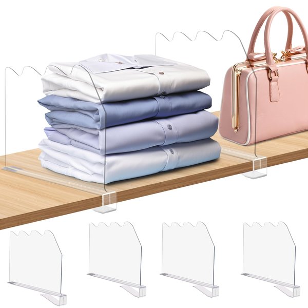 Fineonly Acrylic Shelf Dividers for Closet Organization 4PCS Non-Slip Closet Shelf Divider and Closet Separator for Clothes Purse Bag and Book Sturdy Storage Divider for Shelves and Closet Organizer