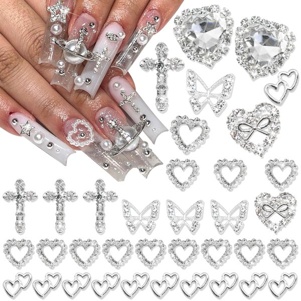 42PCS Silver Nail Charms Crystal Heart Nail Charms 3D Alloy Cross Nail Charms Metal Butterfly Charms Nail Gems Rhinestones for Women Nail Art and DIY Crafts