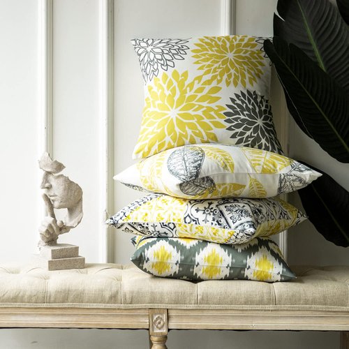 Phantoscope Set of 4 New Living Series Leaf Geometric Yellow and Grey Throw Decorative Pillow Cover Cushion Cover 18 x 18 inches 45 x 45 cm