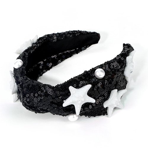 Jaciya Mermaid Birthday Party Decorations Sequin Pearl Headband for Women Sparkly Black Headband for Girls Cute Knotted Starfish Head Band Fashion Hairband