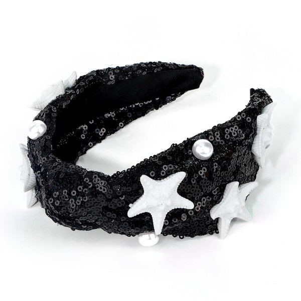 Jaciya Mermaid Birthday Party Decorations Sequin Pearl Headband for Women Sparkly Black Headband for Girls Cute Knotted Starfish Head Band Fashion Hairband
