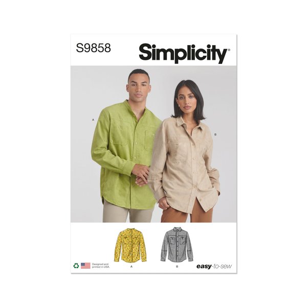 Simplicity Easy Unisex Shirts Sewing Pattern Packet, Design Code S9858, Sizes XS-S-M-L-XL-XXL, Multicolor