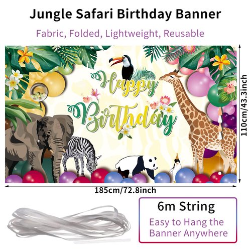Happy Birthday Banner for Jungle Safari Theme Birthday Party Decorations, Fabric Animal Zoo Theme Birthday Party Backdrop Tropical Forest Poster for Boys Girls Birthday Party Wall Supplies, 185*110cm