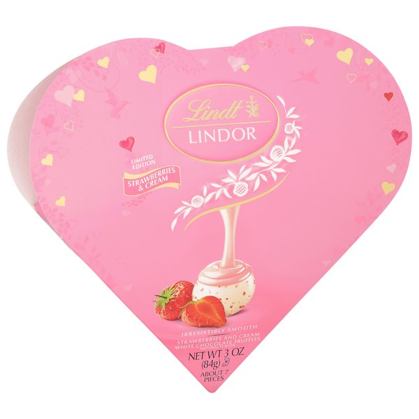 Lindt LINDOR Strawberries and Cream White Chocolate Candy Truffles Friend Heart, Valentine's Day White Chocolate with Strawberries and Cream White Truffle Filling, 3 oz.
