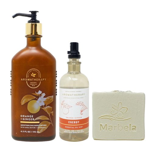 Bath & Body Works Aromatherapy Orange + Ginger Body Lotion and Essential Oil Mist Gift Set Bundle with a Natural Oats Bar Soap - Full Size