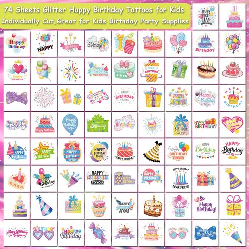 CHARLENT Glitter Happy Birthday Tattoo Stickets for Kids - 74 Individually Sheets Temporary Tattoos Birthday Gifts for Boys Girls