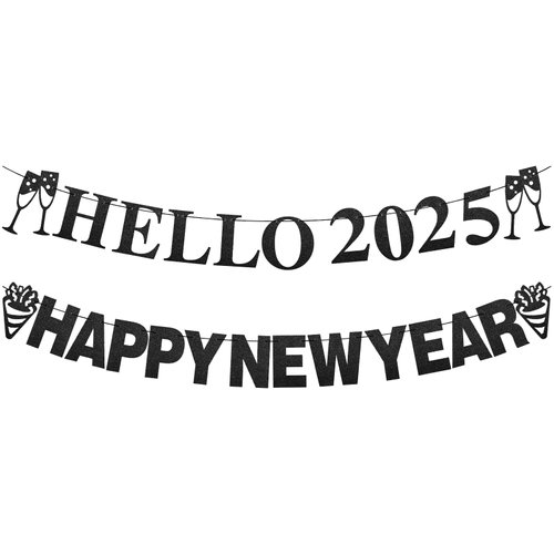 Zhanmai 2 Pcs Happy New Year 2025 Banner Pre-strung Black Glitter Hanging Bunting Decorations for New Years Eve Party Supplies 2025 Home Decor