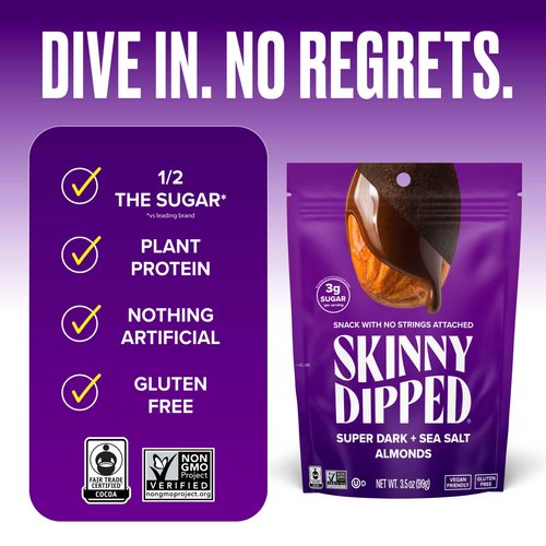 SkinnyDipped Super Dark Chocolate + Sea Salt Almonds, Vegan, Healthy Snack, Plant Protein, Gluten Free, 3.5 oz Resealable Bags, Pack of 1