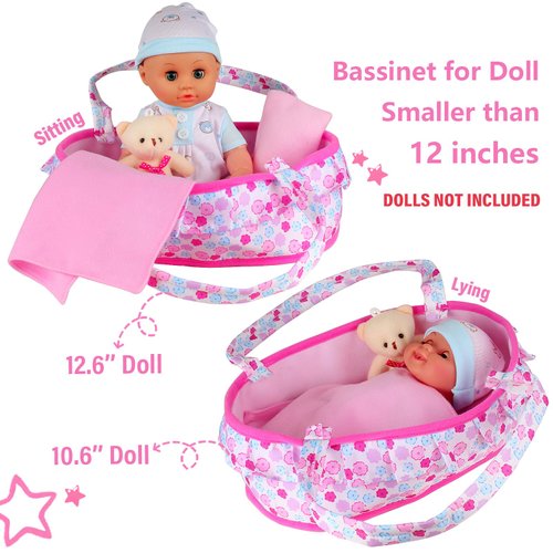 Baby Doll Cradle Bassinet Portable Doll Carrier Carry Bag Doll Bed,Baby Doll Accessories Playset,with Doll Clothes Soft Pillow Quilt Blanket Bear,for 8-9-10-11-12 Inch Smaller Alive Baby Doll