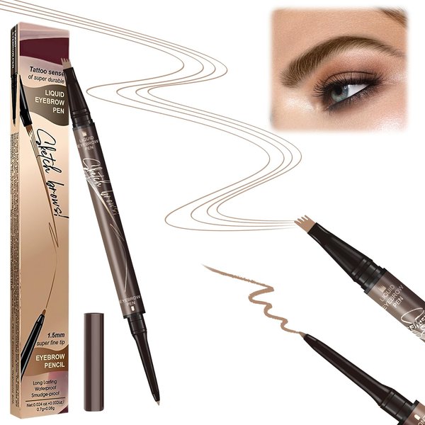 2 in 1 Eyebrow Microblading Pen, 2024 New 3D Microblading Eyebrow Pen Tattoo Pencil 4 Fork Tip, Waterproof Magic Microblading Eyebrow Pencil for Natural Makeup Last All Day (Auburn)