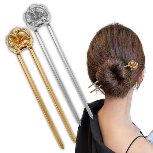 YFKEJI 2 PCS Hair Pins for Women, U Shaped Hair Pins, Hair Fork, Metal French Hair Pins for Women, French Pins for Thick Hair, Metal Hair Pin for All Hair Types, Gold & Silver(C#)