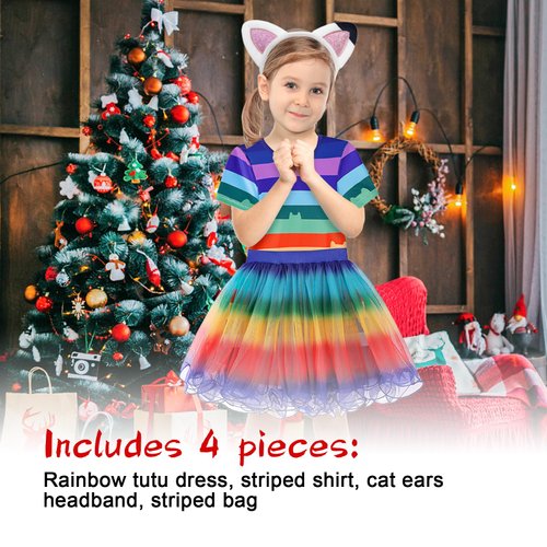 ADREIT Rainbow Tutu Dress for Girls, Birthday Girl Outfit Cosplay Costumes with Headband and Bag Christmas Birthday Party
