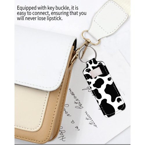 KLLRO RUO Chapstick Holder Keychain Fashion Lipstick Sleeve Lip Balm Portable Pocket Lip Gloss Tube Holder Clip-on Makeup Travel Accessories - Black White Cow