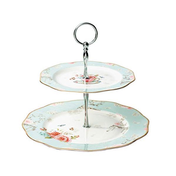 Linlins Elegant Bone China Rose Pattern 2-tier Cake Stand/ Cupcake Stand/ Pastry Serving Cake Stand In Gift Box (Rose B)