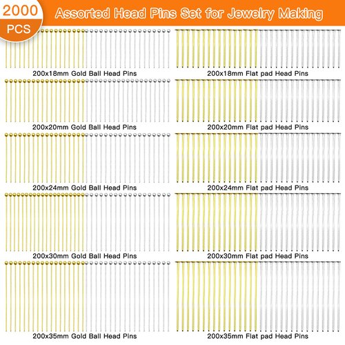 2000Pcs Assorted Head Pins Set for Jewelry Making,Jewelry Head Pins Kit Includes 1000Pcs Ball Head Pins 1000Pcs Flat Head Pins Eye Pins for Jewelry Finding,DIY Craft(Silver,Gold)