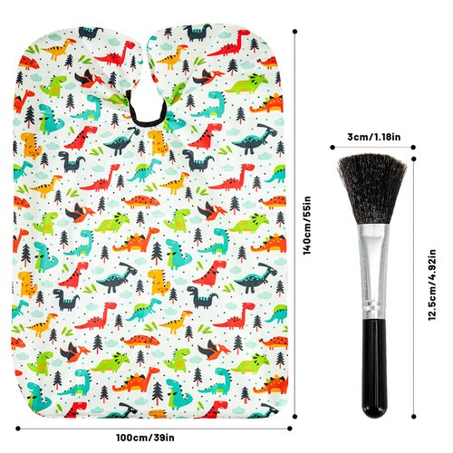 Gealaek Kids Haircut Cape and Neck Duster Brush Set with Dinosaur Pattern Kids Barber Cape 55x40 Inches for Boys & Girls Salon Cape Kit (White)